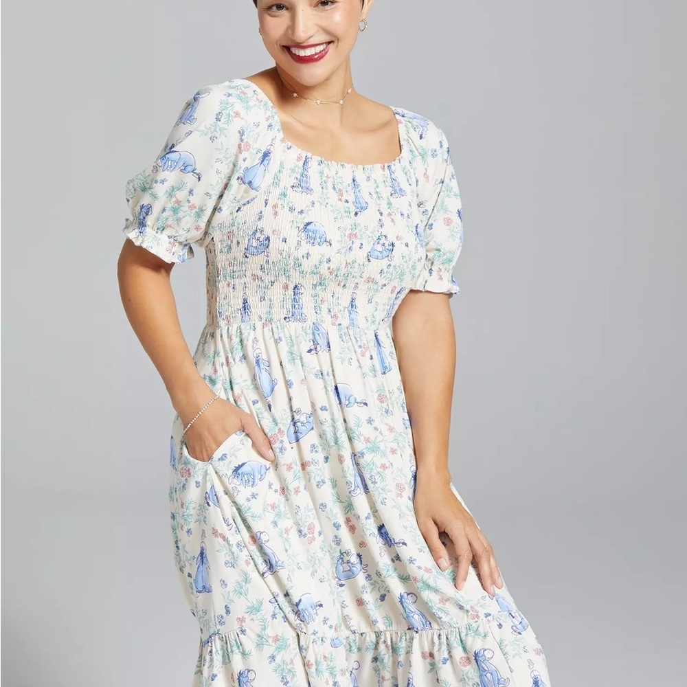 Disney White Midi Dress with Blue Floral Print - Picture 1 of 4